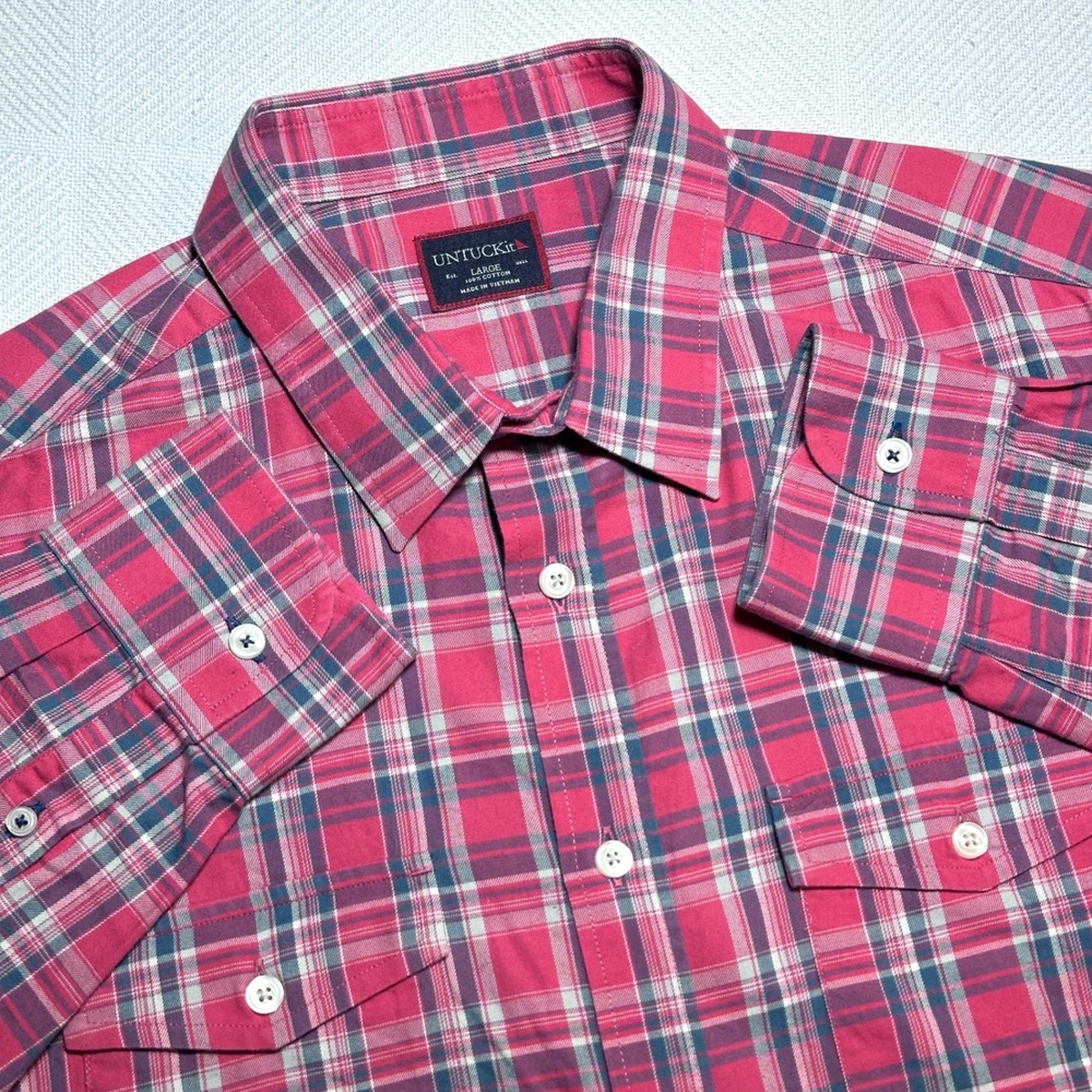 UNTUCKit Button Up Shirt Mens Size Large Pink Plaid Long Sleeve Dual Flap Pocket